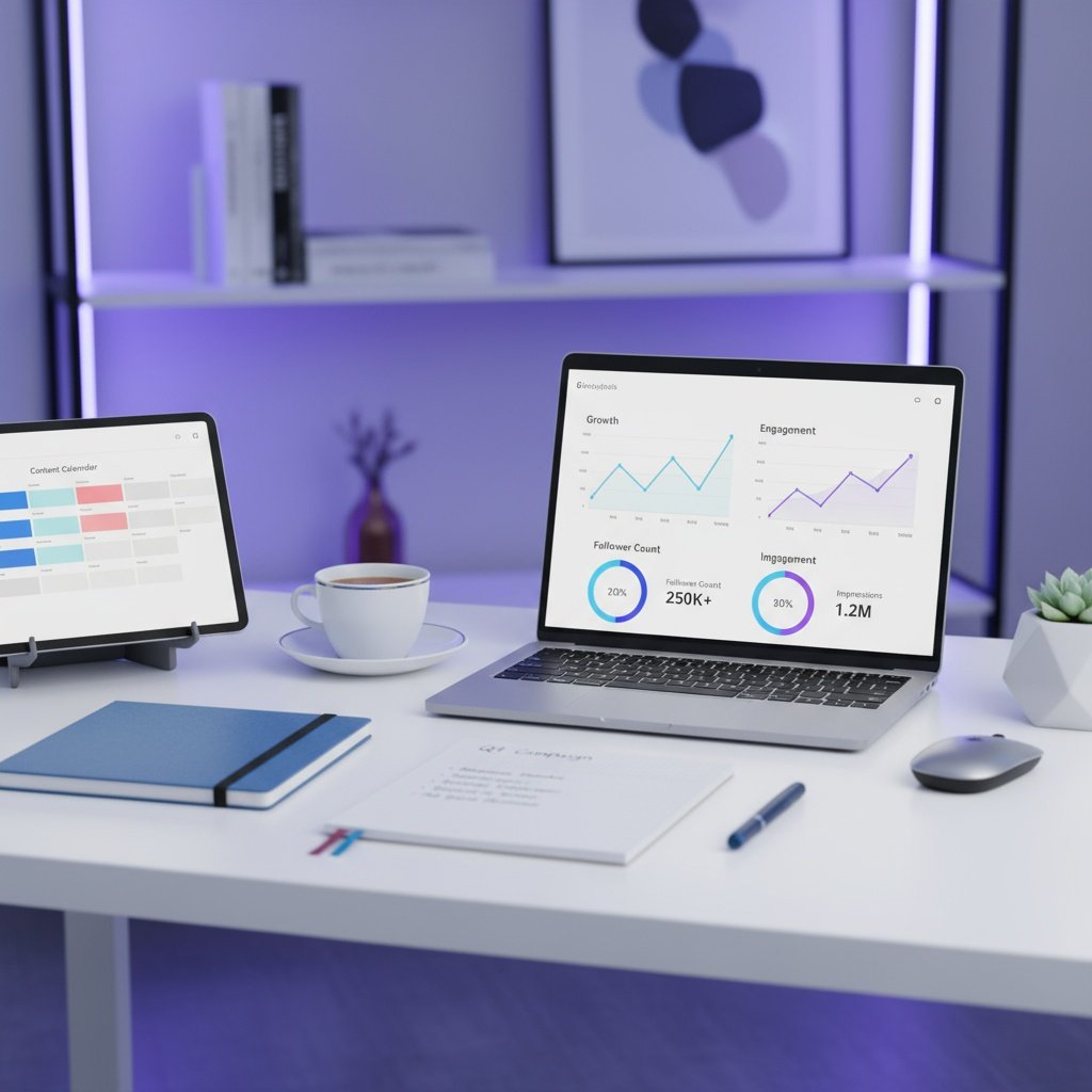 Social media marketing strategy with analytics and growth metrics