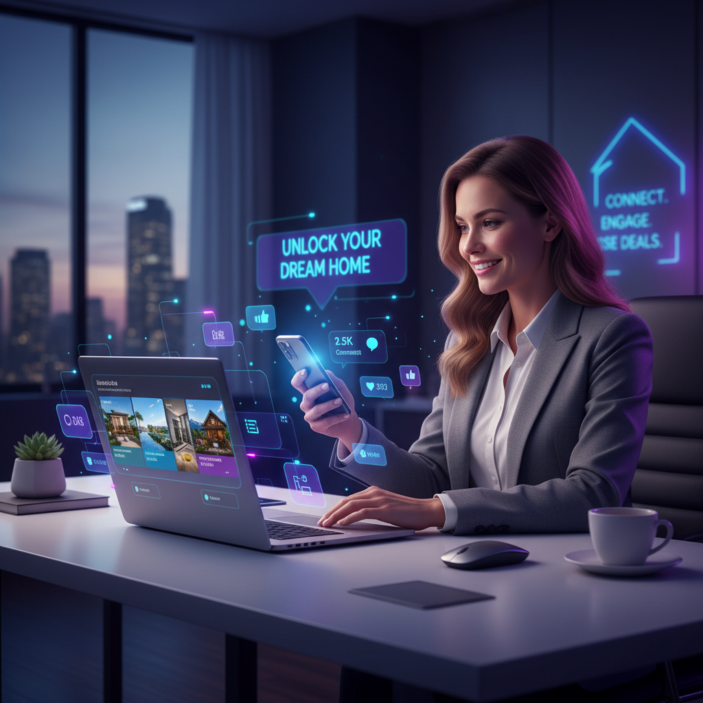 Real estate agent using social media on laptop and phone to generate leads