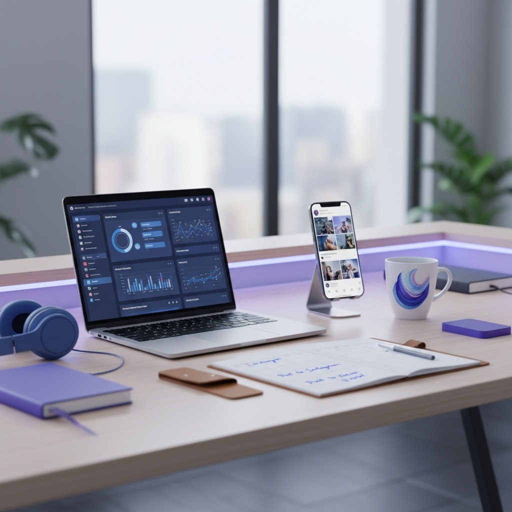 AI-powered social media management workspace with content dashboards